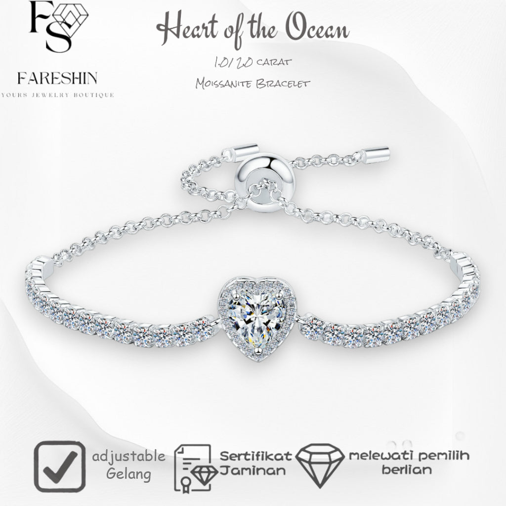 Round Cut Moissanite Heart Bracelet — 2.0ct, D-color, VVS1, 925 Sterling Silver