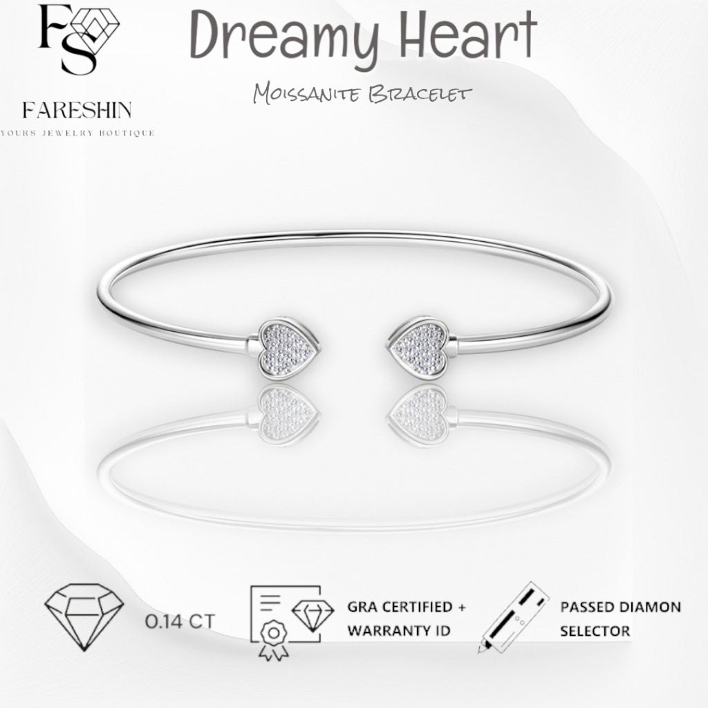 Round Cut Moissanite Heart Bracelet — 0.14ct, D-color, VVS1, 925 Sterling Silver