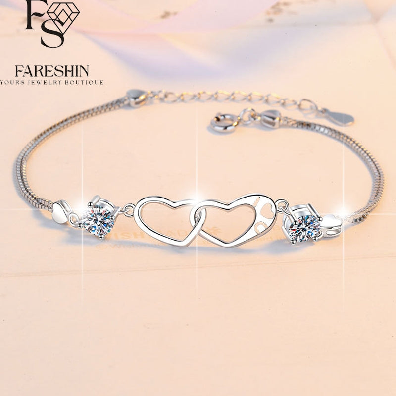Round Cut Moissanite Heart Bracelet — 0.5ct, D-color, VVS1, 925 Sterling Silver