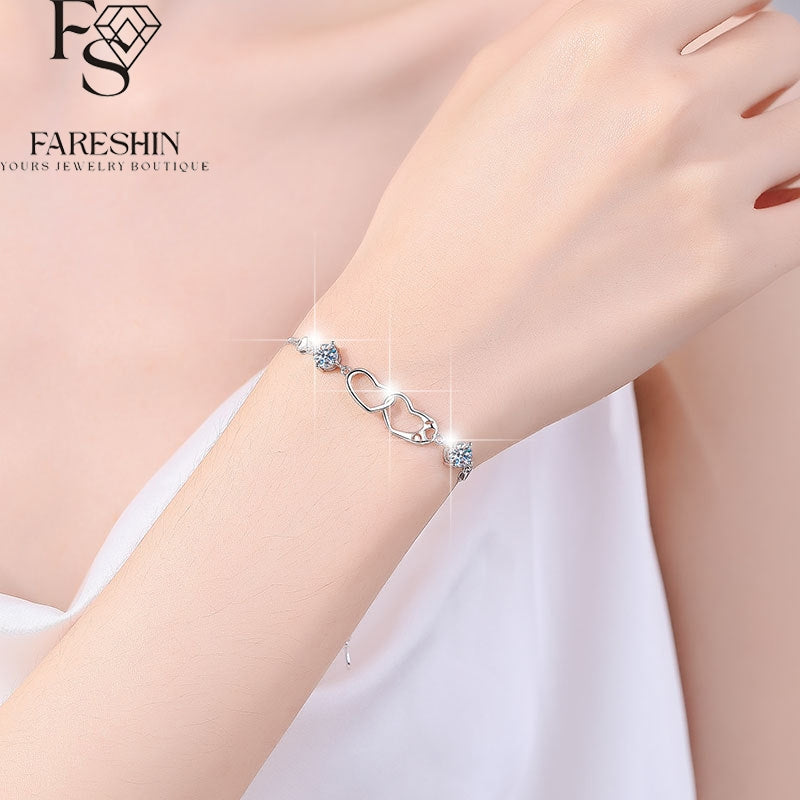 Round Cut Moissanite Heart Bracelet — 0.5ct, D-color, VVS1, 925 Sterling Silver