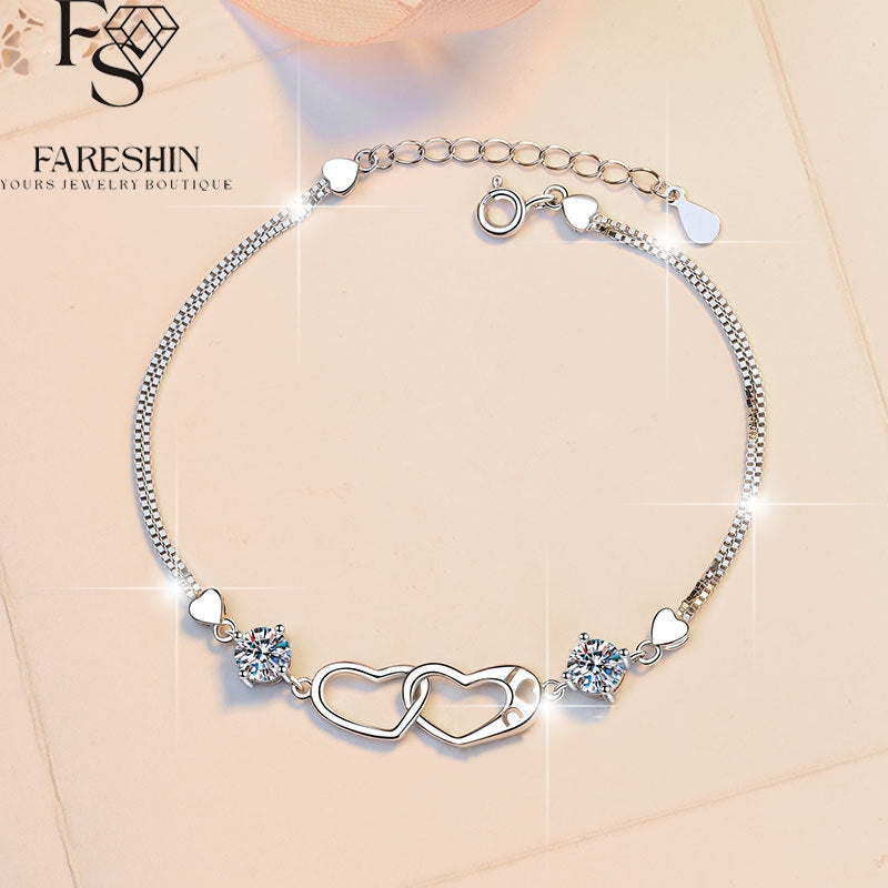 Round Cut Moissanite Heart Bracelet — 0.5ct, D-color, VVS1, 925 Sterling Silver