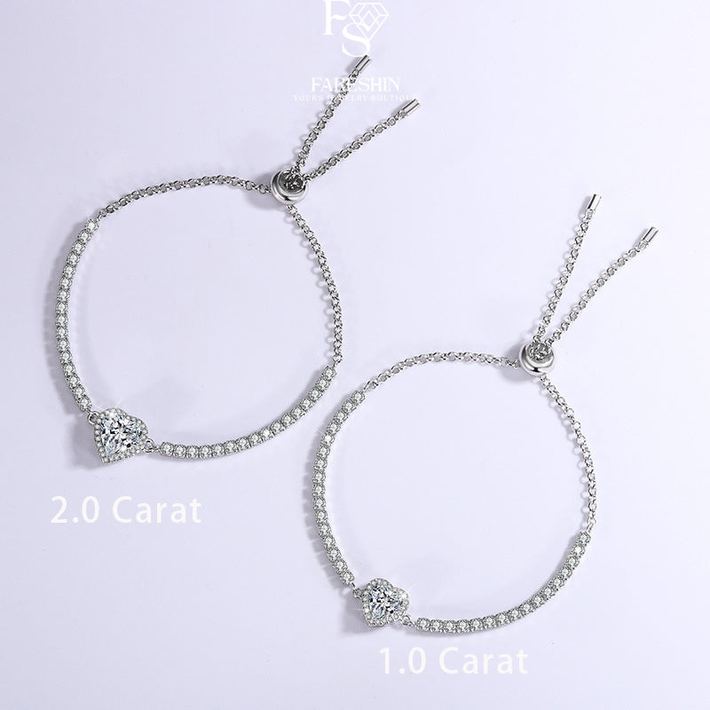 Round Cut Moissanite Heart Bracelet — 2.0ct, D-color, VVS1, 925 Sterling Silver