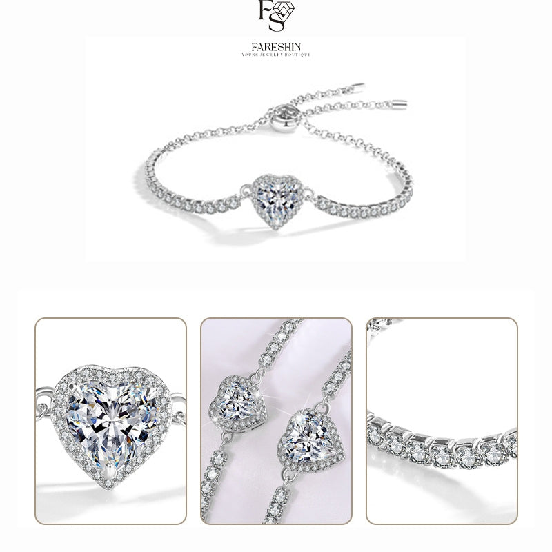 Round Cut Moissanite Heart Bracelet — 2.0ct, D-color, VVS1, 925 Sterling Silver