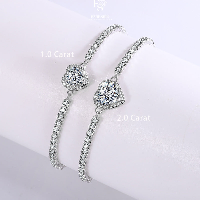 Round Cut Moissanite Heart Bracelet — 2.0ct, D-color, VVS1, 925 Sterling Silver