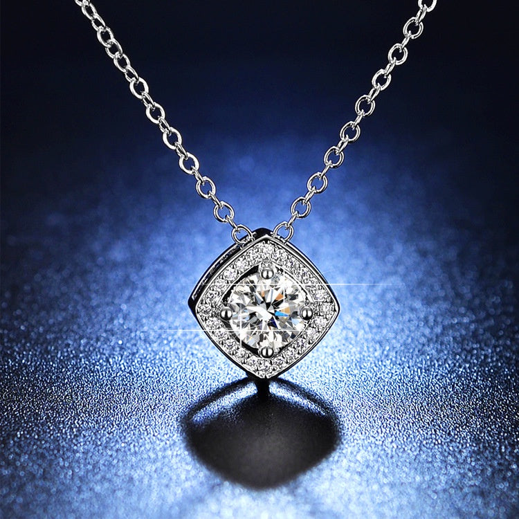 Round Cut Moissanite Square Necklace — 1.0ct, D-color, VVS1, 925 Sterling Silver