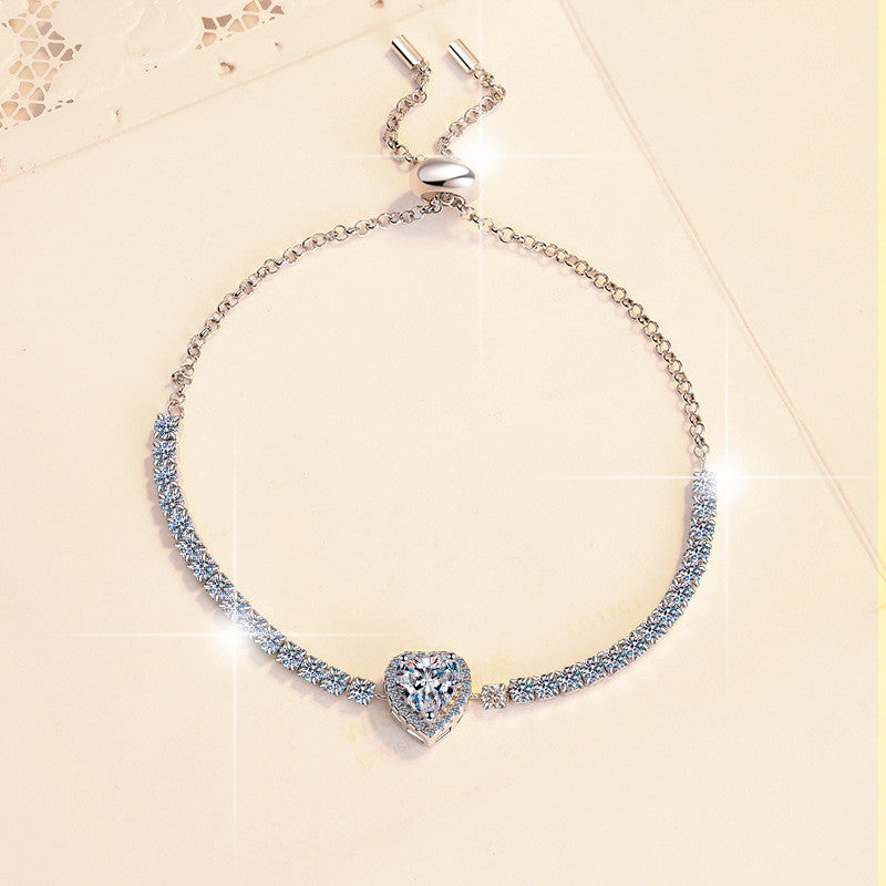 Round Cut Moissanite Heart Bracelet — 2.0ct, D-color, VVS1, 925 Sterling Silver